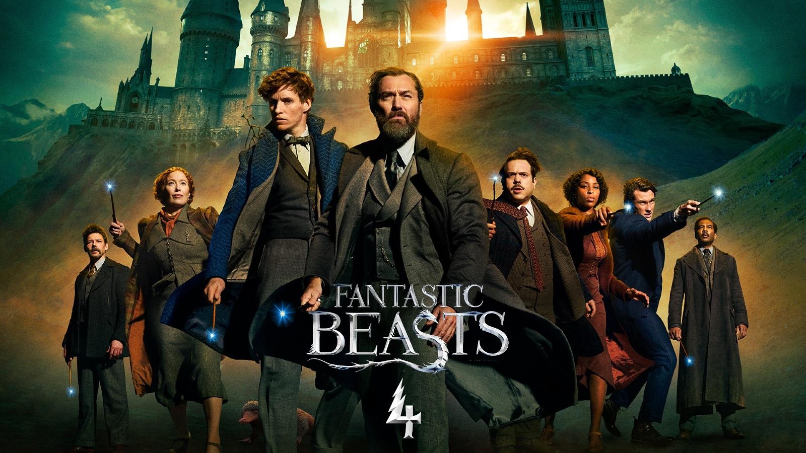 Fantastic Beasts characters in front of Hogwarts with 'Fantastic Beasts 4' text
