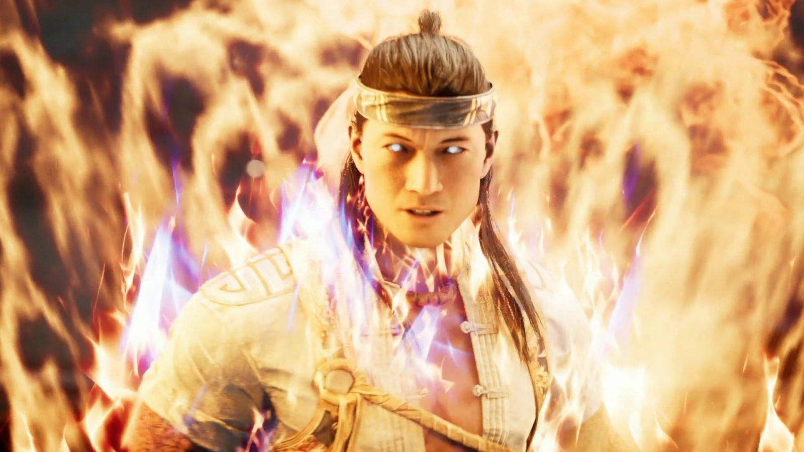 liu kang surrounded by fire in mortal kombat 1