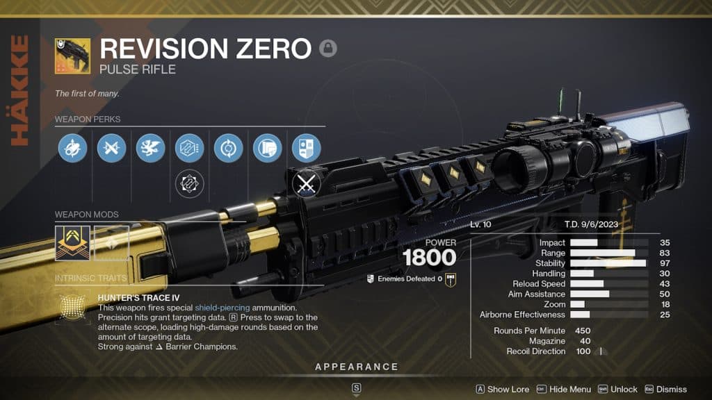 Revision Zero Exotic Pulse Rifle overview and perks in Destiny 2.