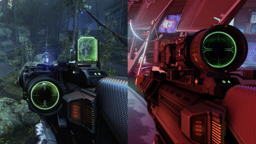 Revision Zero with Hunter's Trace activated (right) and deactivated (left) in Destiny 2.