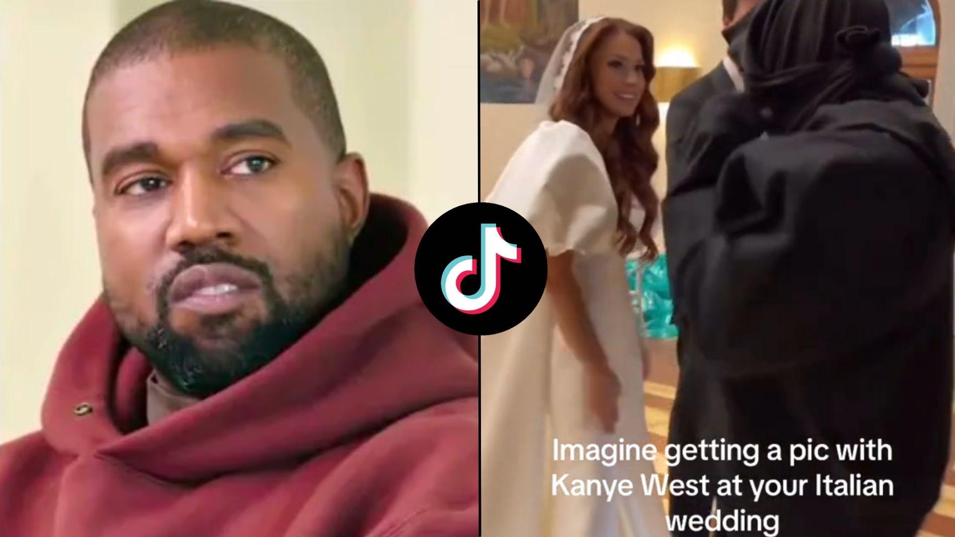 Kanye West in red hoodie side-by-side with man next to wedding party dressed in black