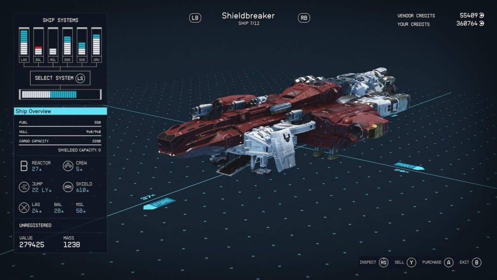 Crimson Fleet Shieldbreaker in Starfield's ship menu