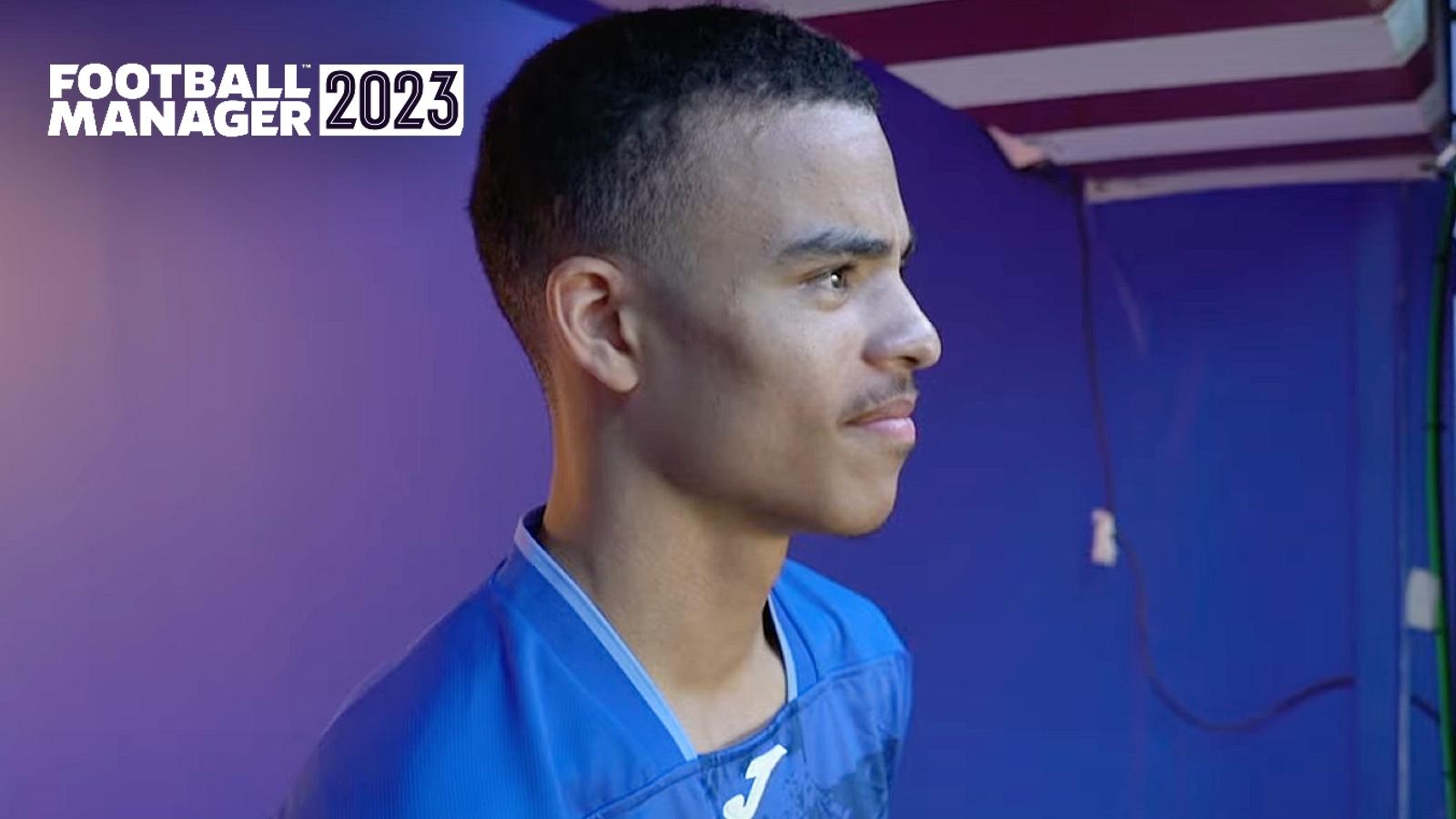 Mason Greenwood playing for Getafe with Football Manager logo in top corner
