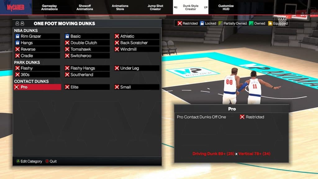 Contact dunk requirements in NBA 2K24