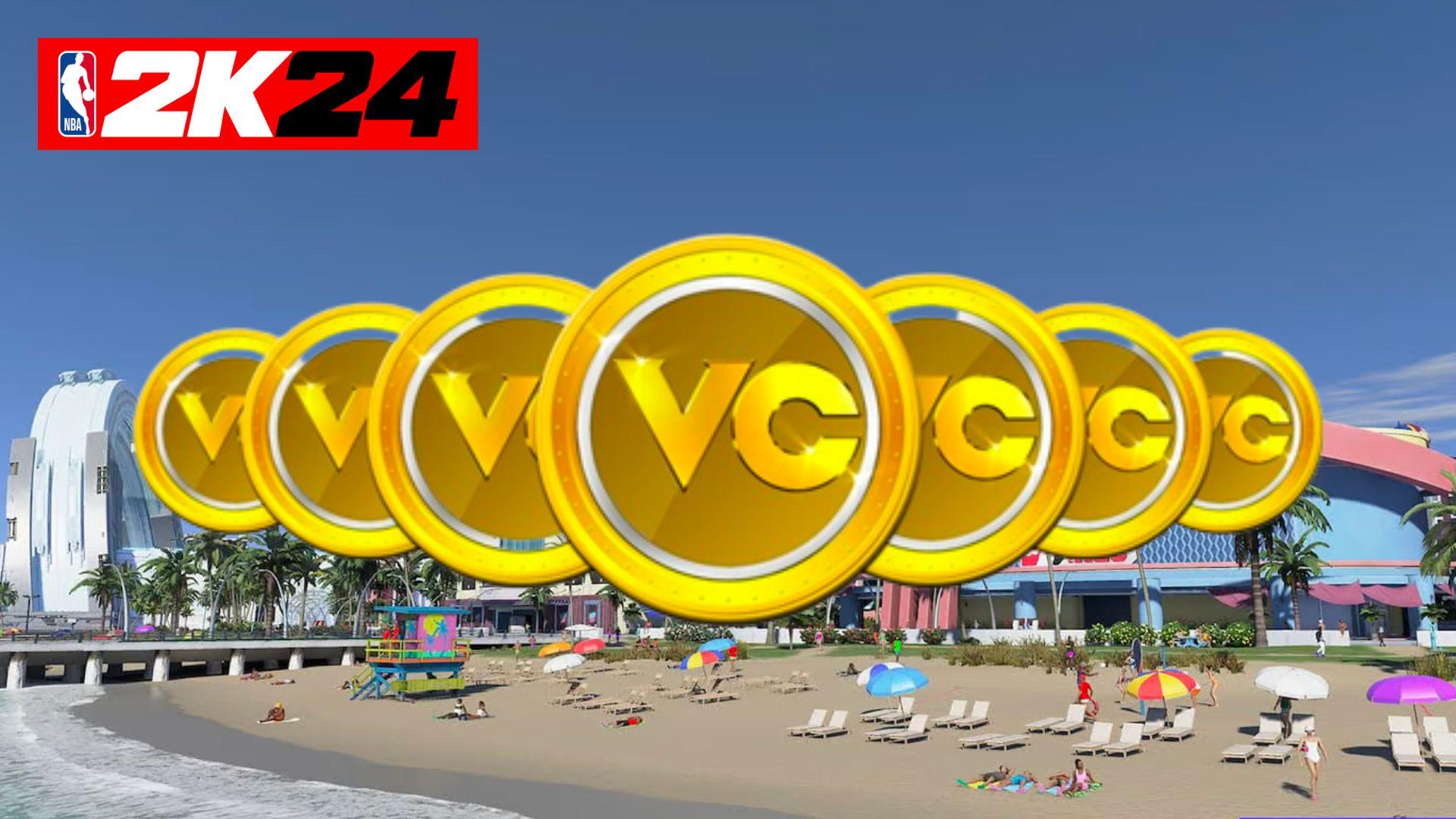 NBA 2K24 VC and logo on top of beach setting in The City