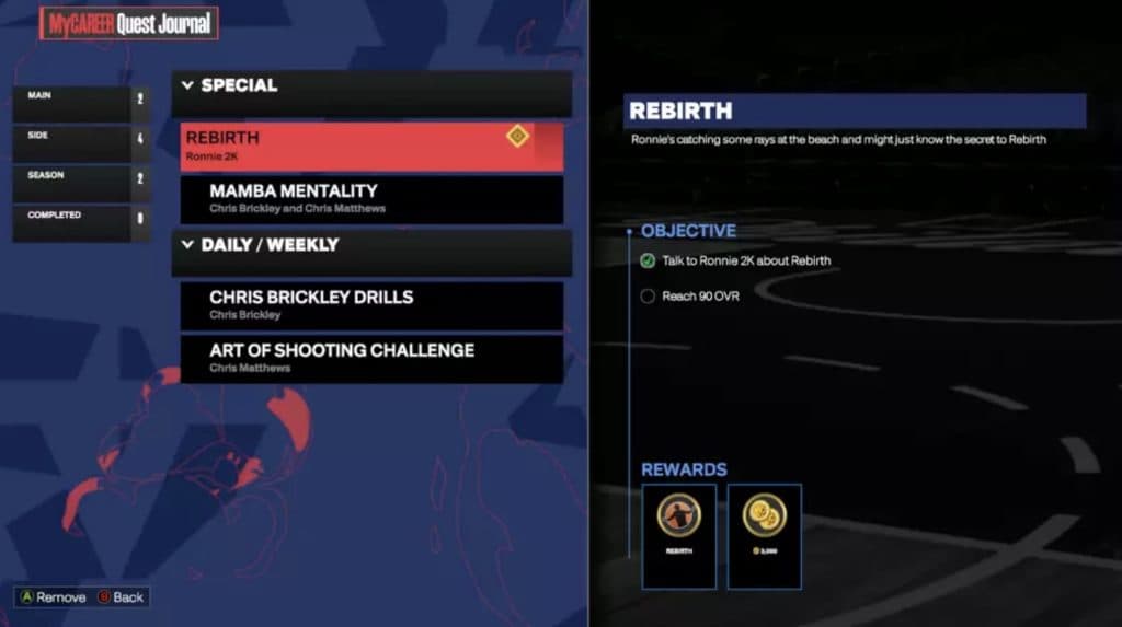 NBA 2K24 menu screenshot of Rebirth perk activity