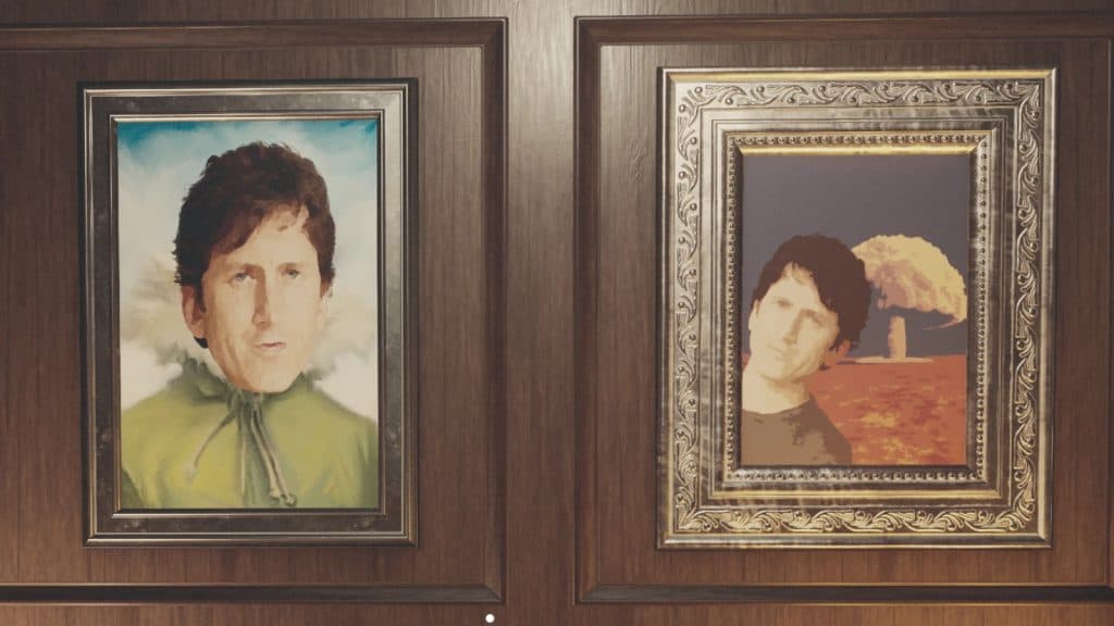 Two paintings in Starfield's Lodge featuring Todd Howard