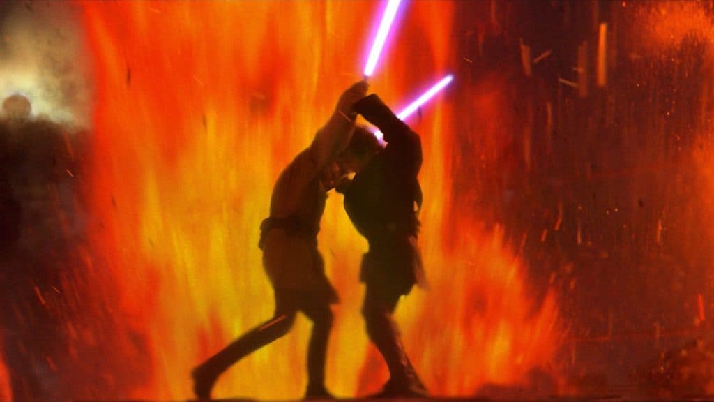 A still of the Mustafar fight in Revenge of the Sith