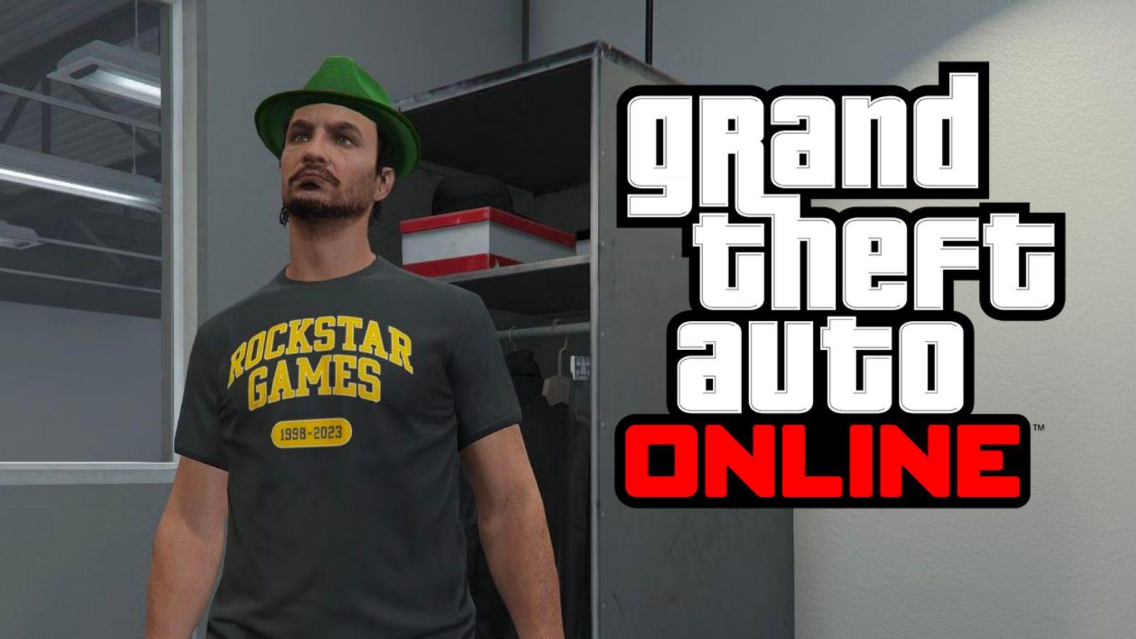 GTA Online character in black and yellow shirt next to GTA Online logo