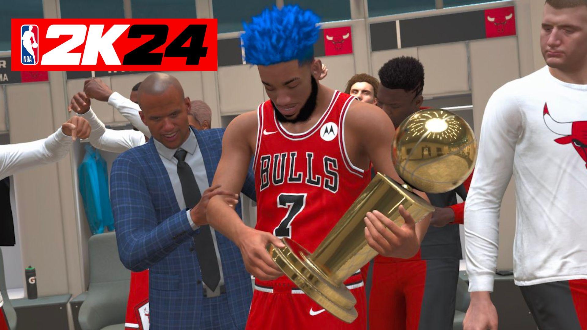NBA 2K24 players in red Chicago Bulls jersey with championship trophy