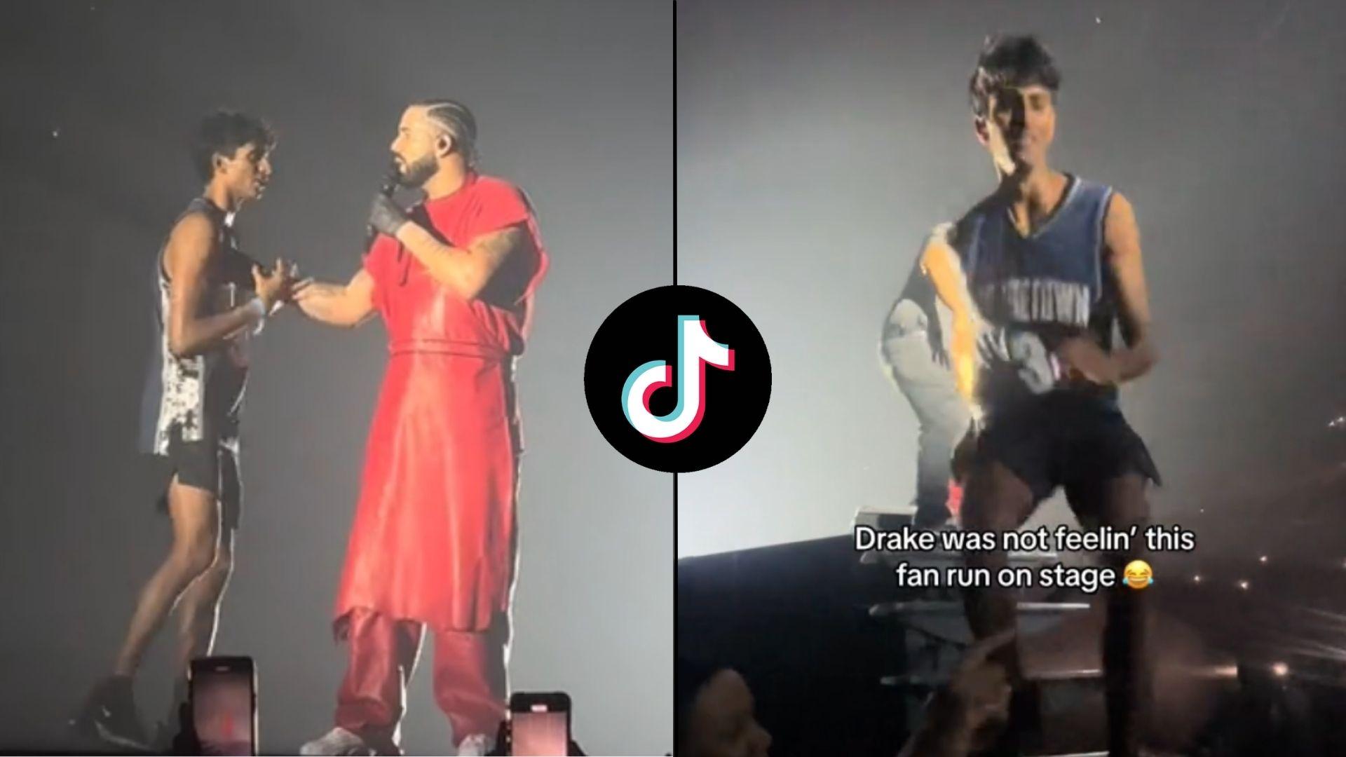 Screenshots of Drake fan getting on stage with rapper and being pushed off