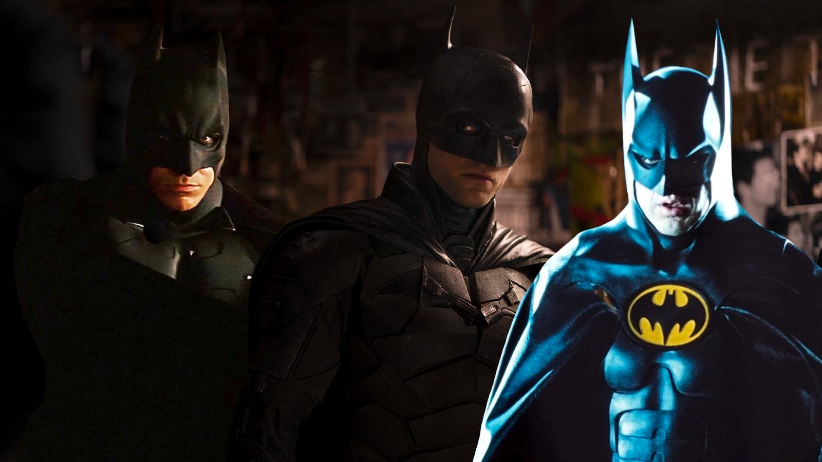 Christian Bale in Batman Begins, Robert Pattinson in The Batmab, and Michael Keaton in Batman