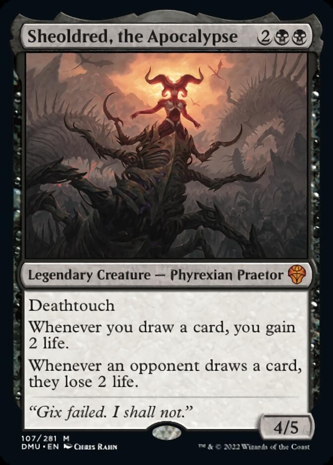 The phyrexian Praetor Sheoldred attached to a dragon engine
