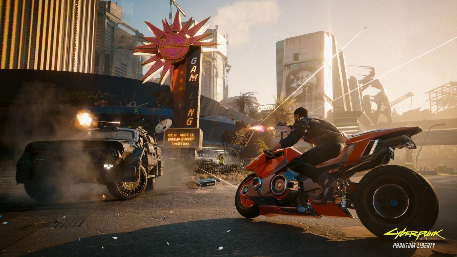 an image of V on a bike and shooting enemies in a car in Cyberpunk 2077 Phantom Liberty