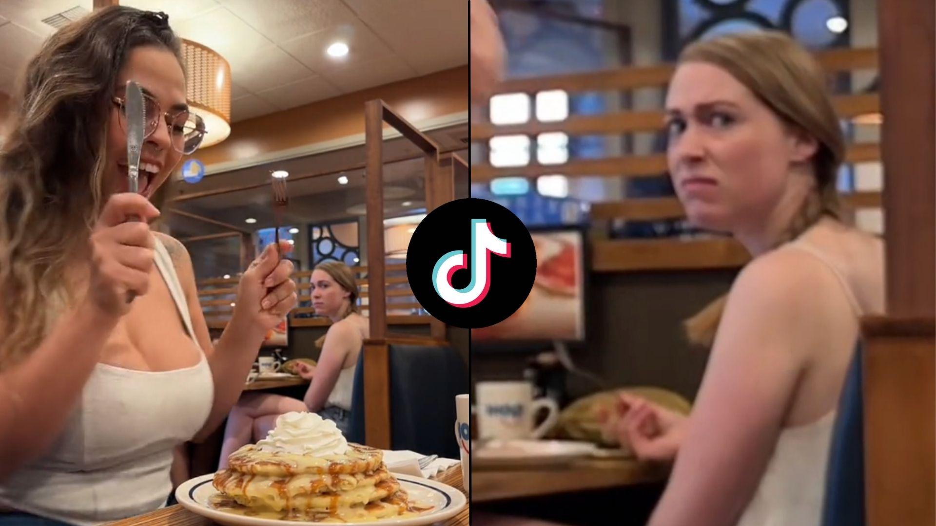 Women looking at camera disgusted at IHop