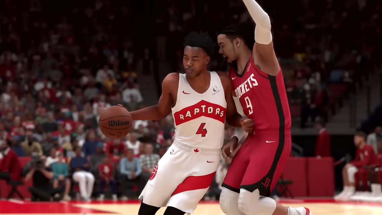 Scottie Barnes dribbling against opposing player in NBA 2K24 Gameplay Trailer.