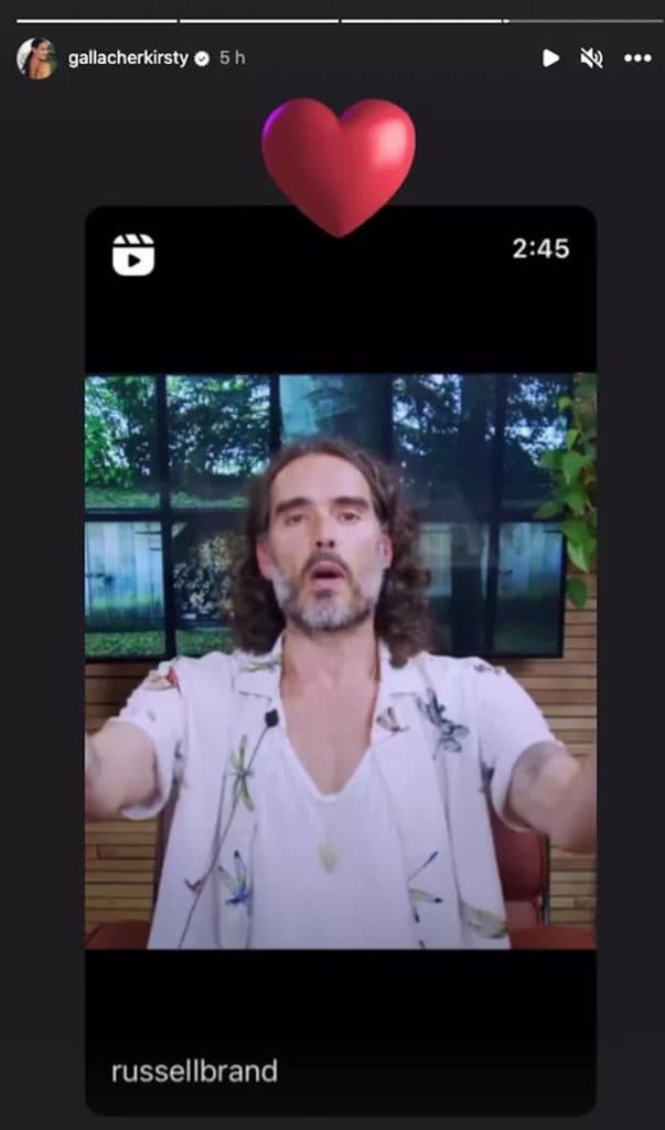 Kirsty Gallacher's now-deleted Instagram Story sharing Russell Brand's video