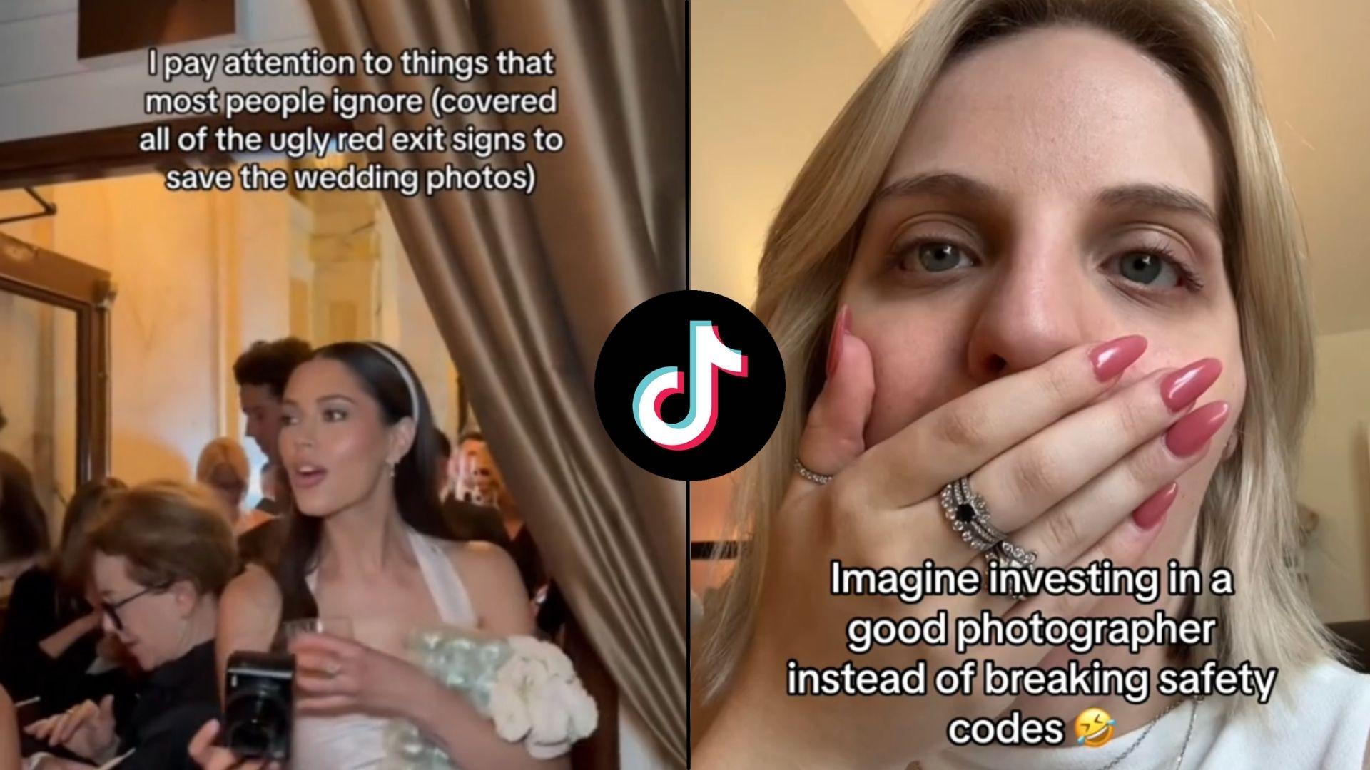 Screenshots of wedding party on TikTok and woman covering face