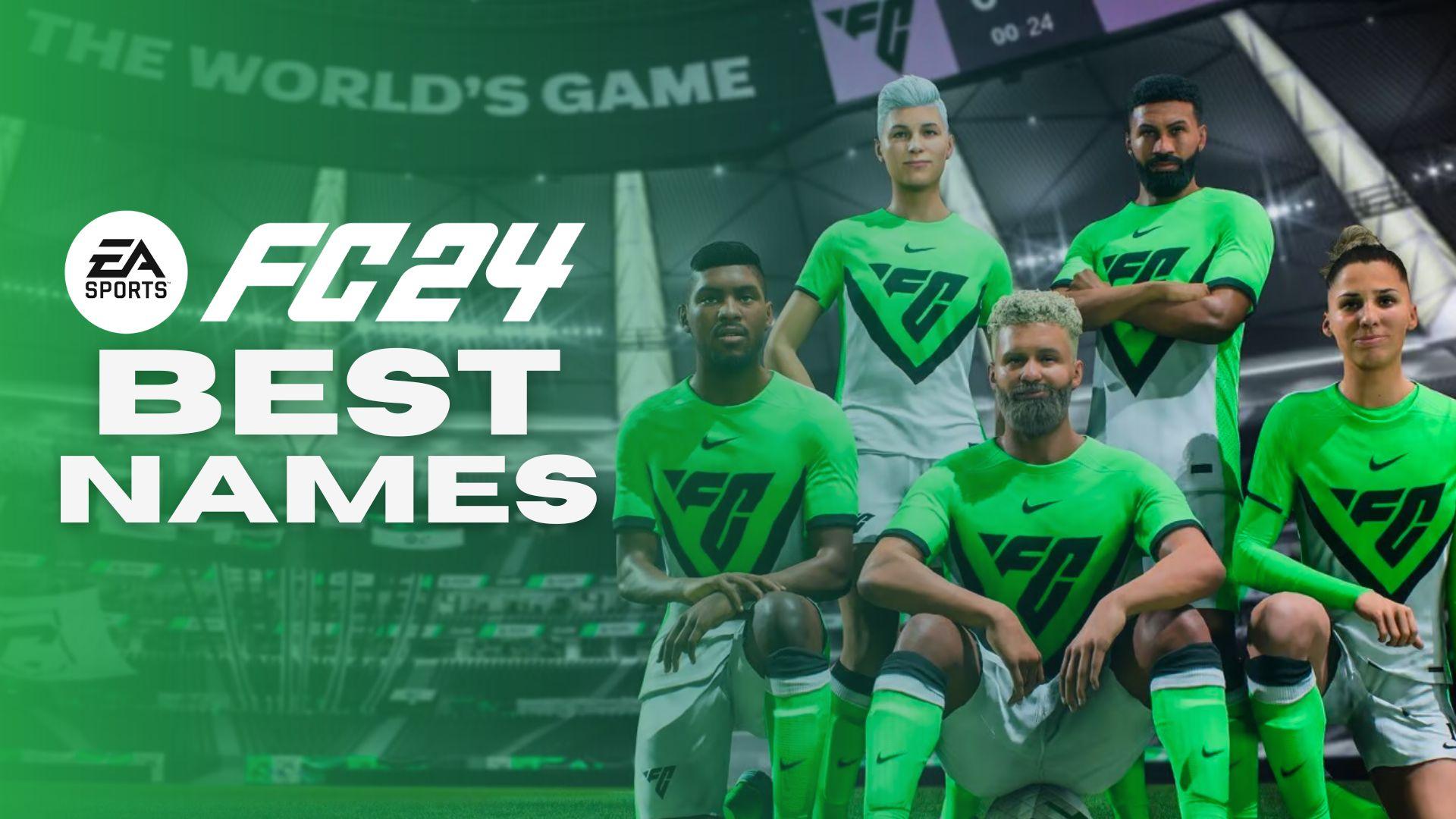EA FC players in green kit kneeling next to logo and text