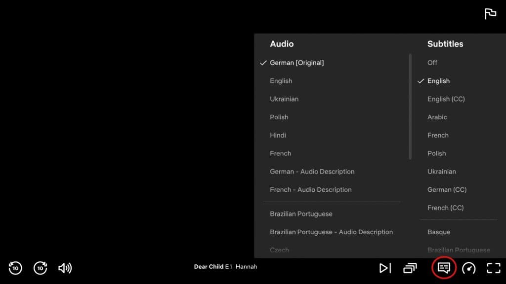 The audio and subtitles screen to change Dear Child to English on Netflix