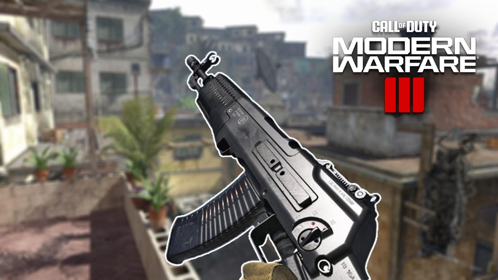 Weapon inspect on Modern Warfare 2's Favela with COD: Modern Warfare 3 logo inn top right corner