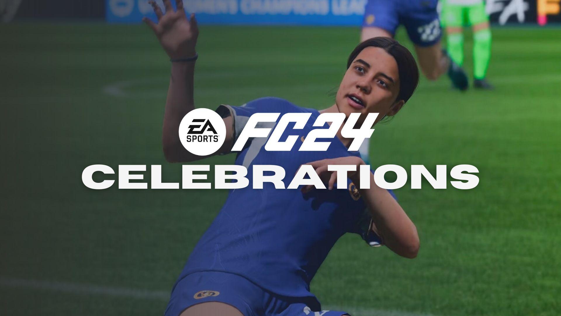 Sam Kerr in EA FC 24 sliding on knees with celebrations text and logo on top