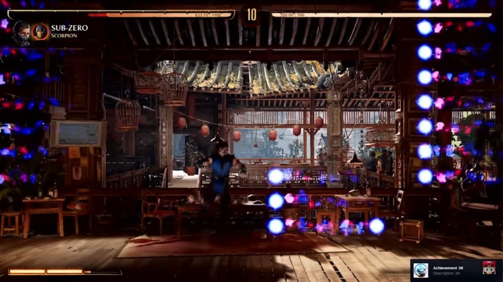 Screenshot from Mortal Kombat 1's Nintendo Switch trailer with a Steam achievement placeholder