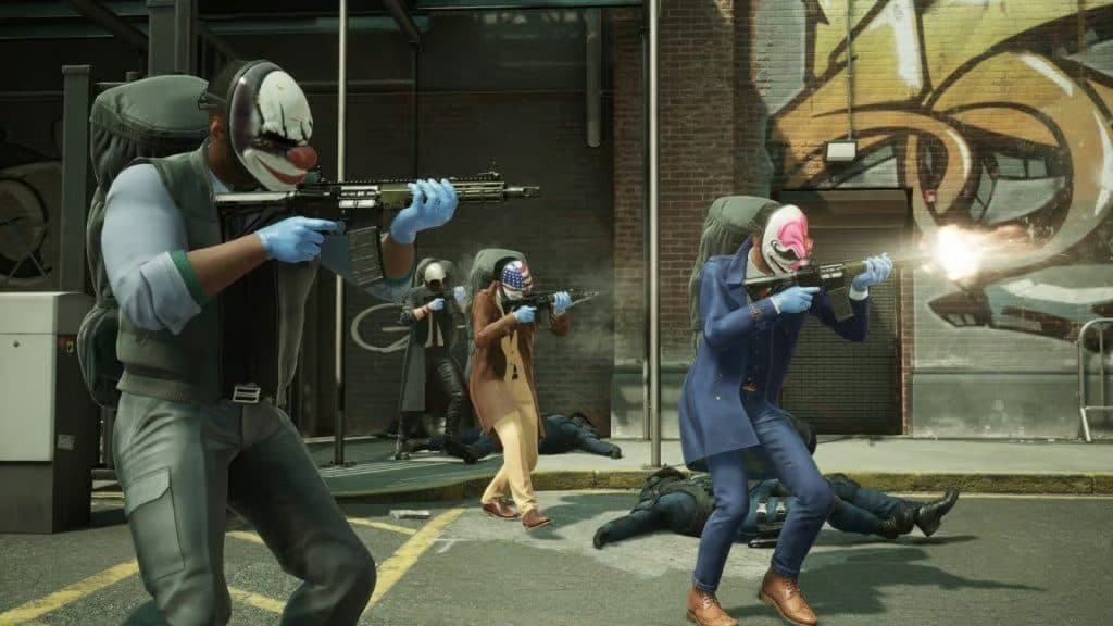 A promotional image from Payday 3 featuring the main characters with guns.