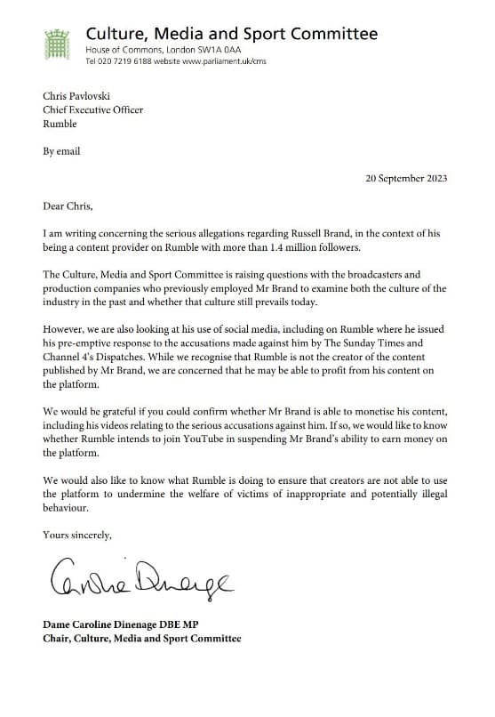 UK Parliament letter