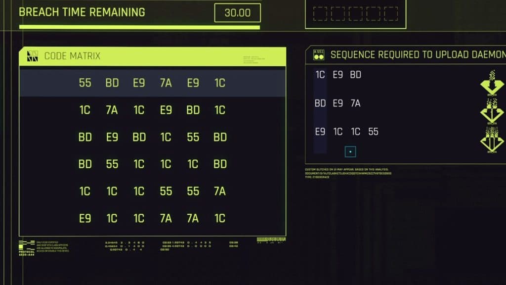 an image of the code matrix of breach protocol puzzles in cyberpunk 2077 2.0