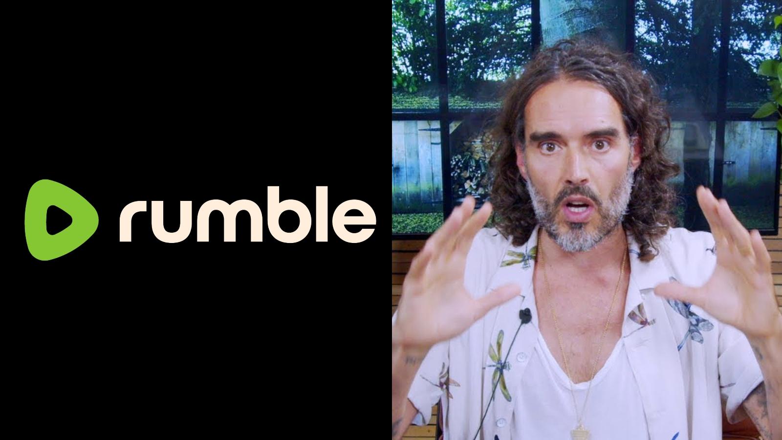 Rumble logo on black background next to picture of Russell Brand