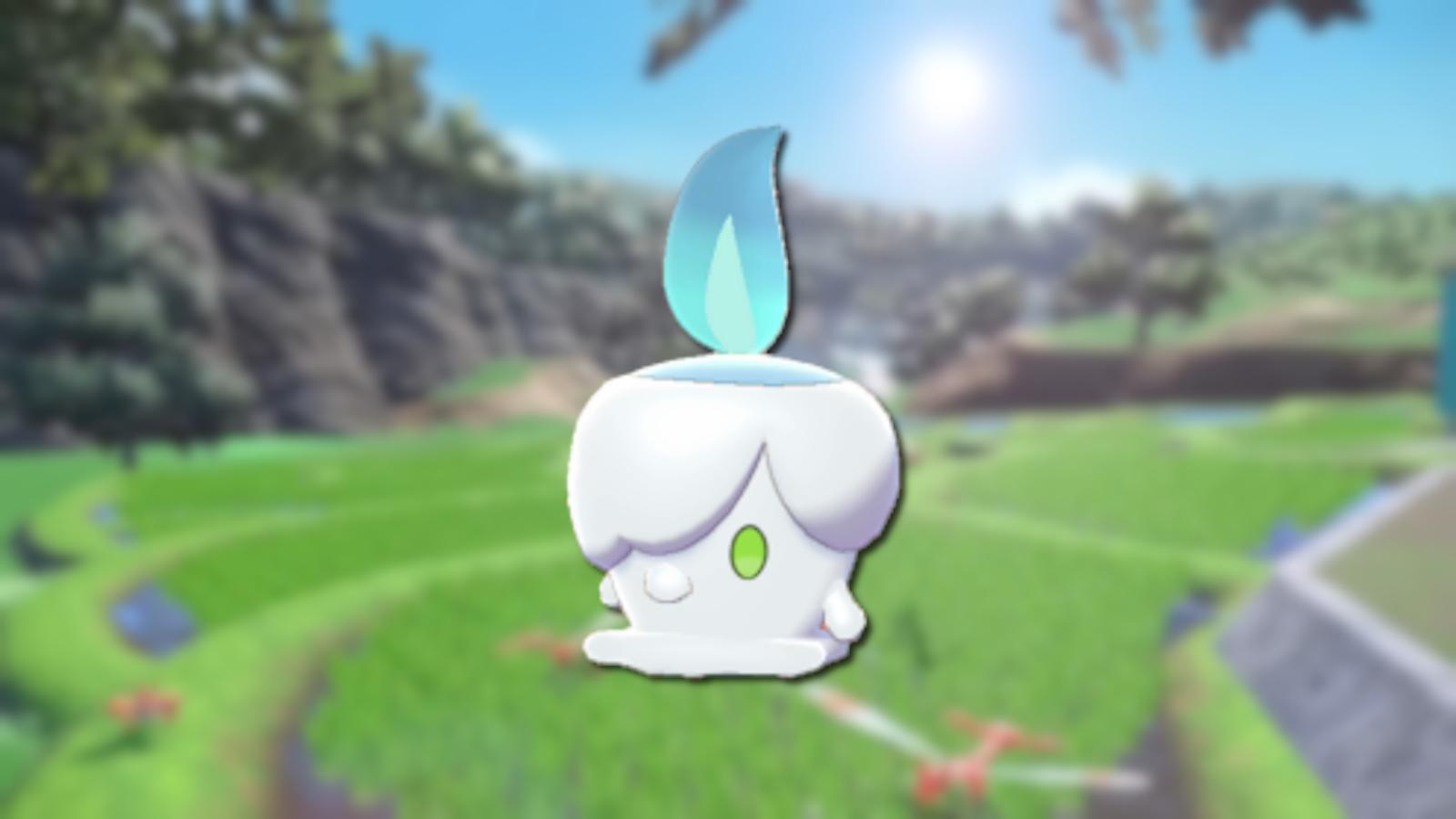 Shiny Litwick in front of Kitakami fields in Pokemon Scarlet & Violet The Teal Mask DLC.