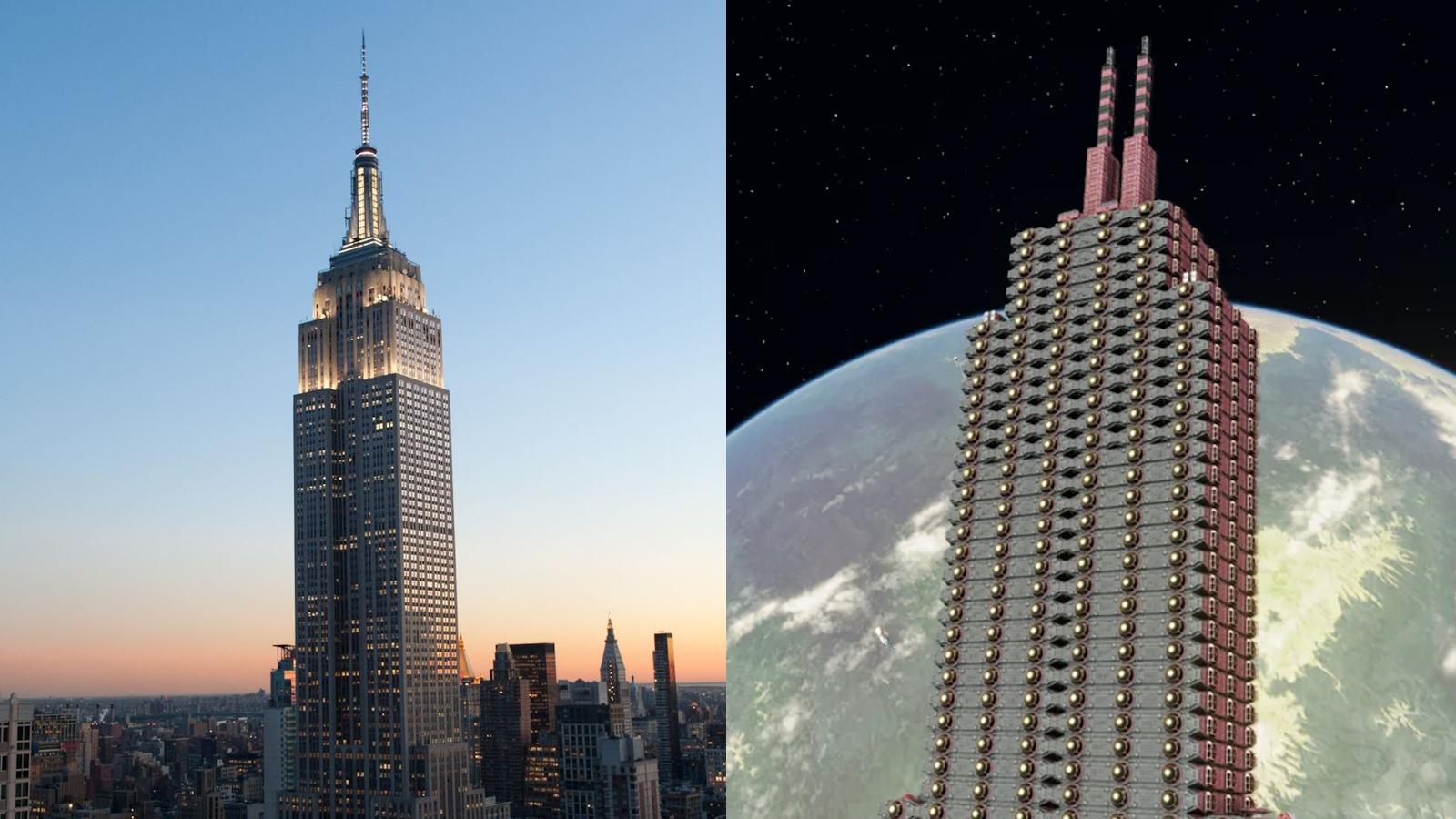 The Empire State Building (left) and the Empire Space Building ship in Starfield (right).