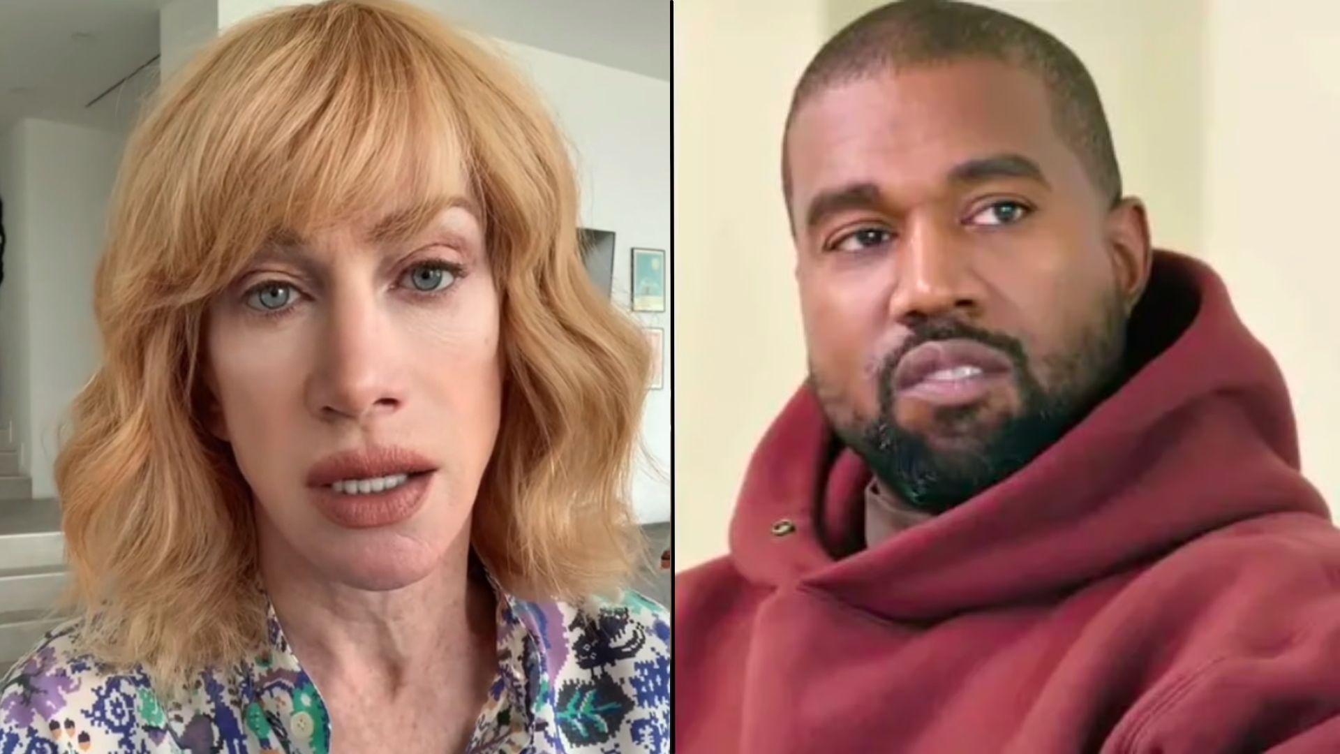 Kathy Griffin and Kanye West side by side staring at cameras