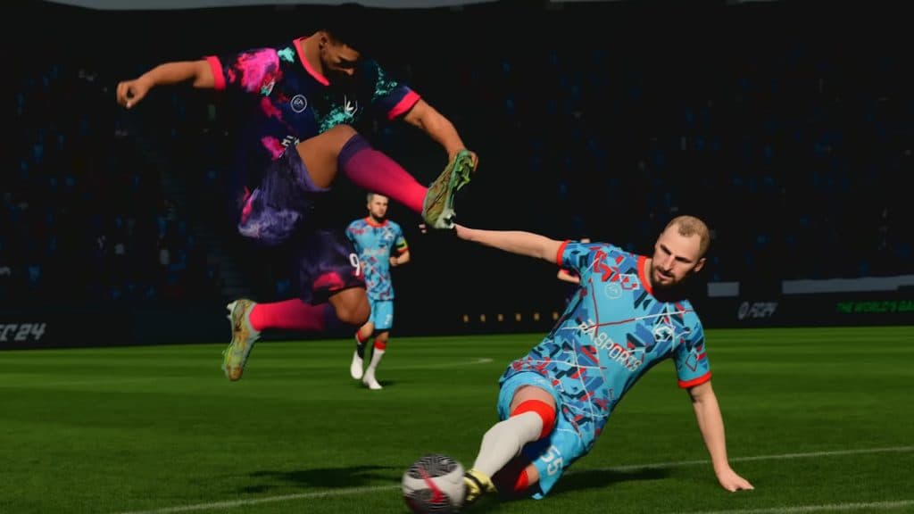 EA FC 24 player tackling opponent using Slide Tackle PlayStyle in EA FC 24.