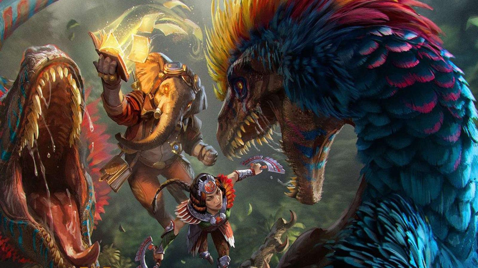 MTG Ixalan Huatlli and Quintorius face off against dinosaurs