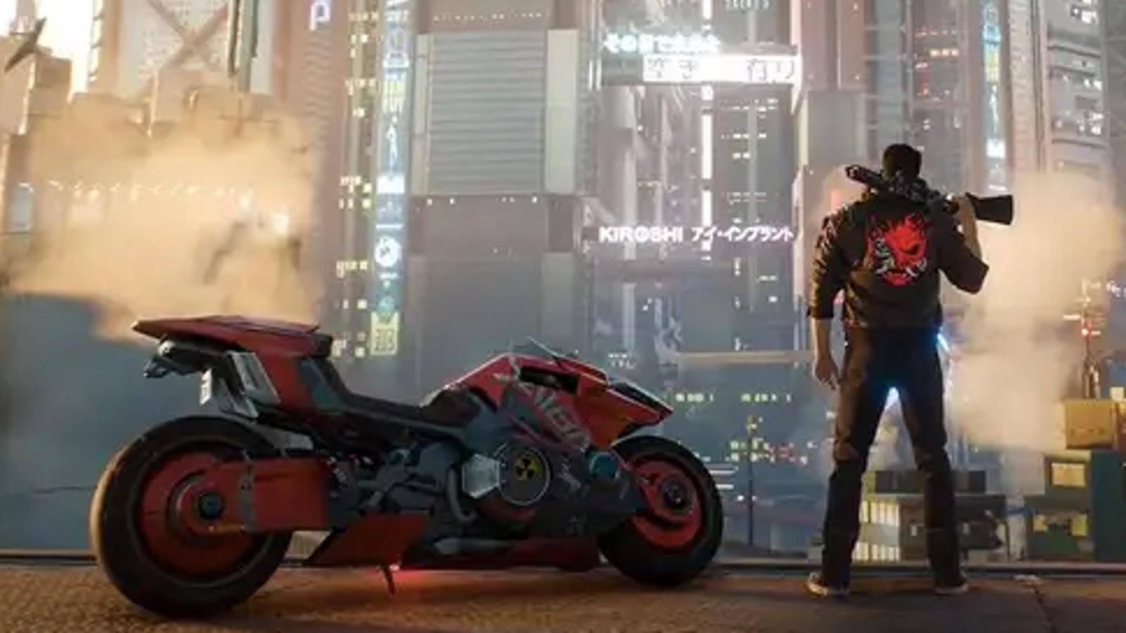 An image of V standing next to a motorcycle in Cyberpunk 2077.