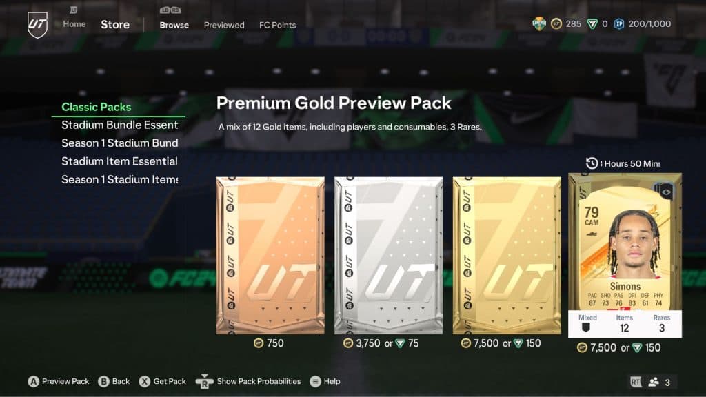 Screenshot of EA Sports FC pack store in Ultimate Team with Xavi Simons in preview pack