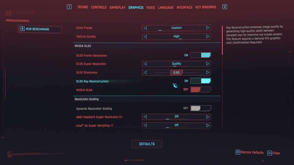 Cyberpunk 2077 settings menu 