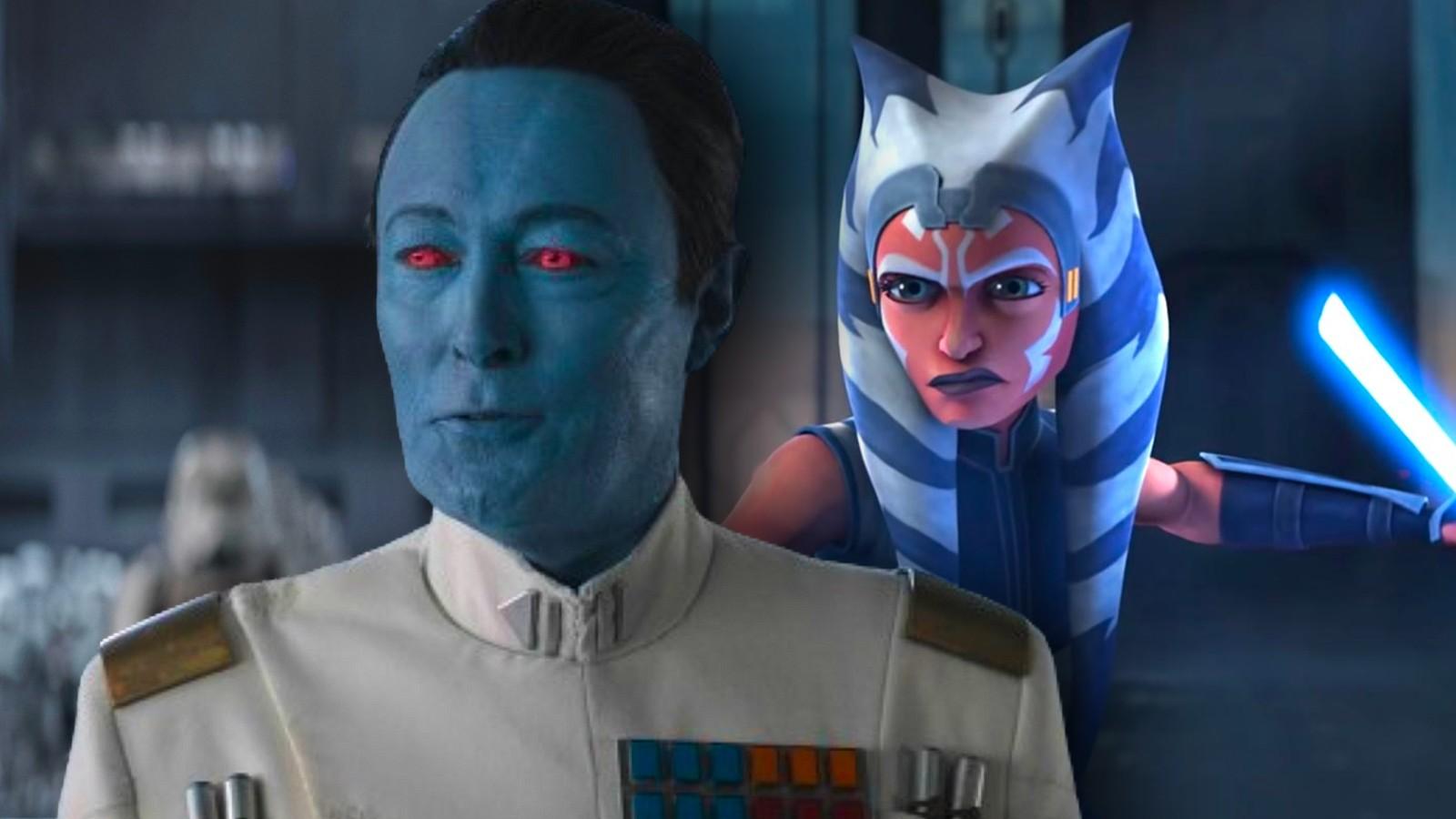 Lars Mikkelsen as Thrawn in Ahsoka and a still from Clone Wars