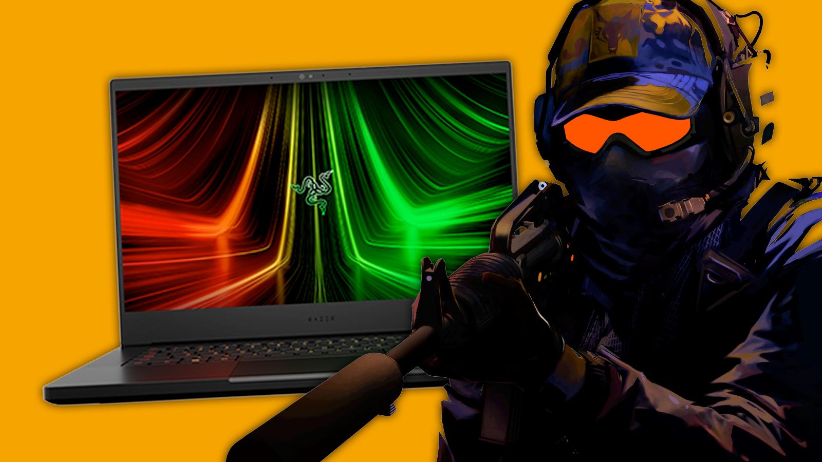 Counter-Strike 2 character with a razer blade laptop behind it for best gaming laptops