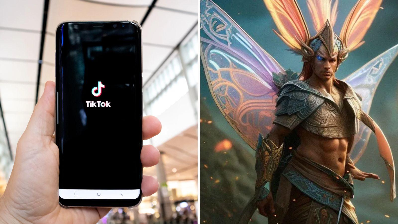 Phone showing TikTok logo, AI-generated fairy