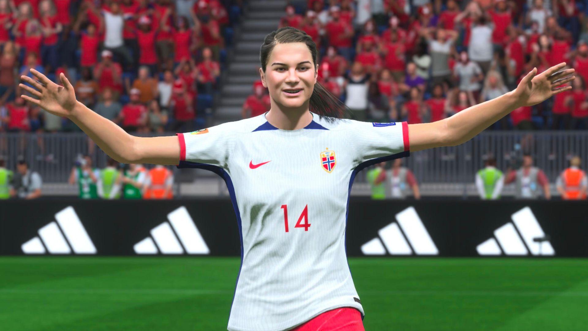 Ada Hegerberg in EA SPORTS FC 24 celebrating with arms aloft in white Norway jersey