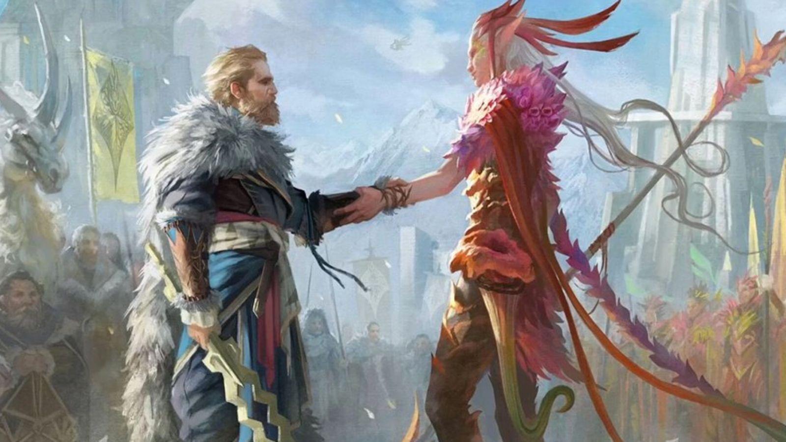 two MTG characters shaking hands
