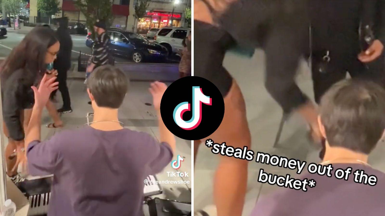 Girl trashing street performer's piano and steals his money
