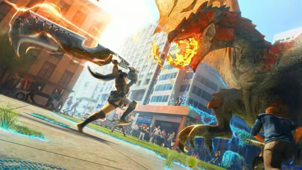 An promotional image of combat in Monster Hunter Now.