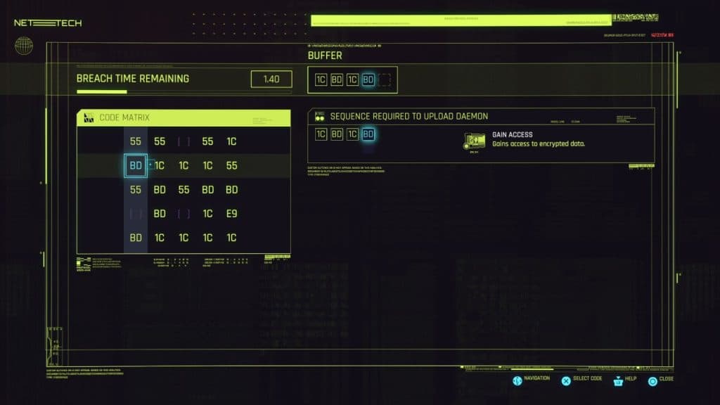 an image of a breach protocol puzzle in Cyberpunk 2077 Phantom Liberty