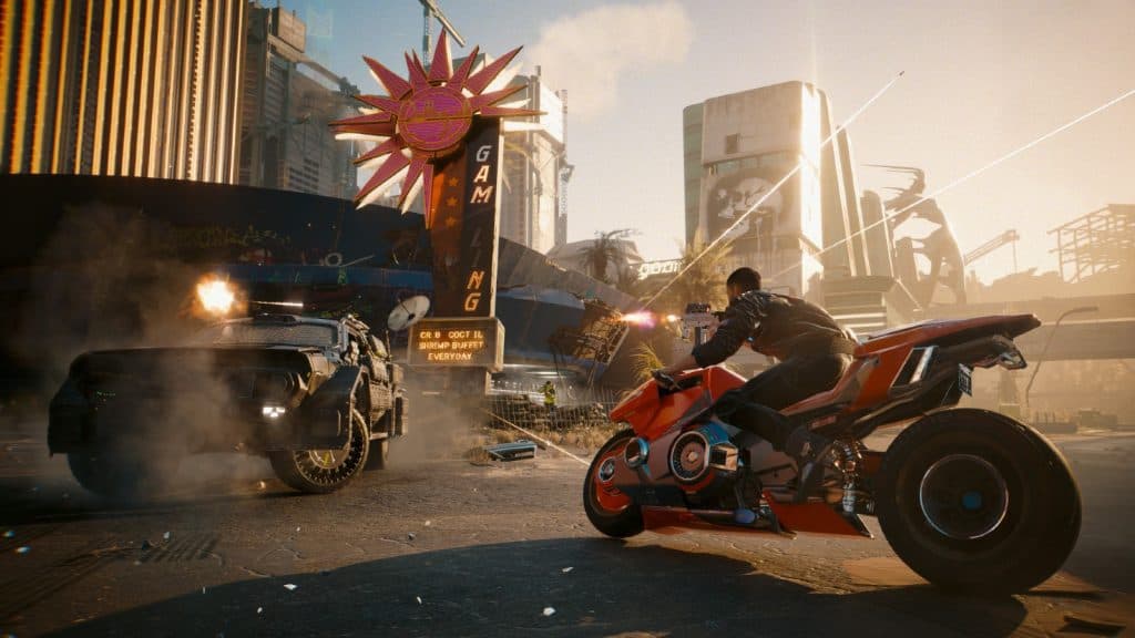 An image of V riding a motorbike in Cyberpunk 2077.