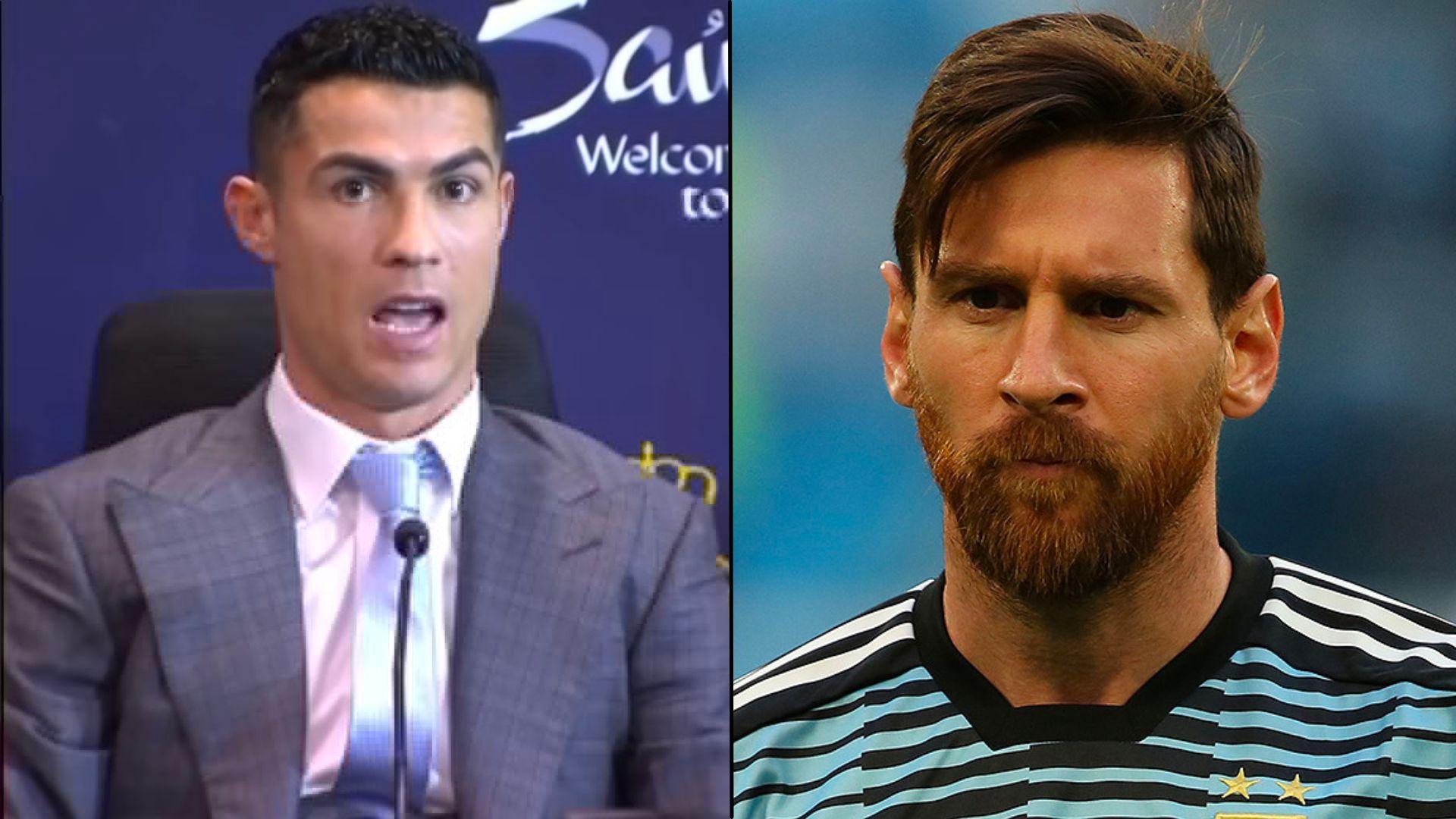 Cristiano Ronaldo in suit sat in press conference alongside Lionel Messi in Argentina jersey