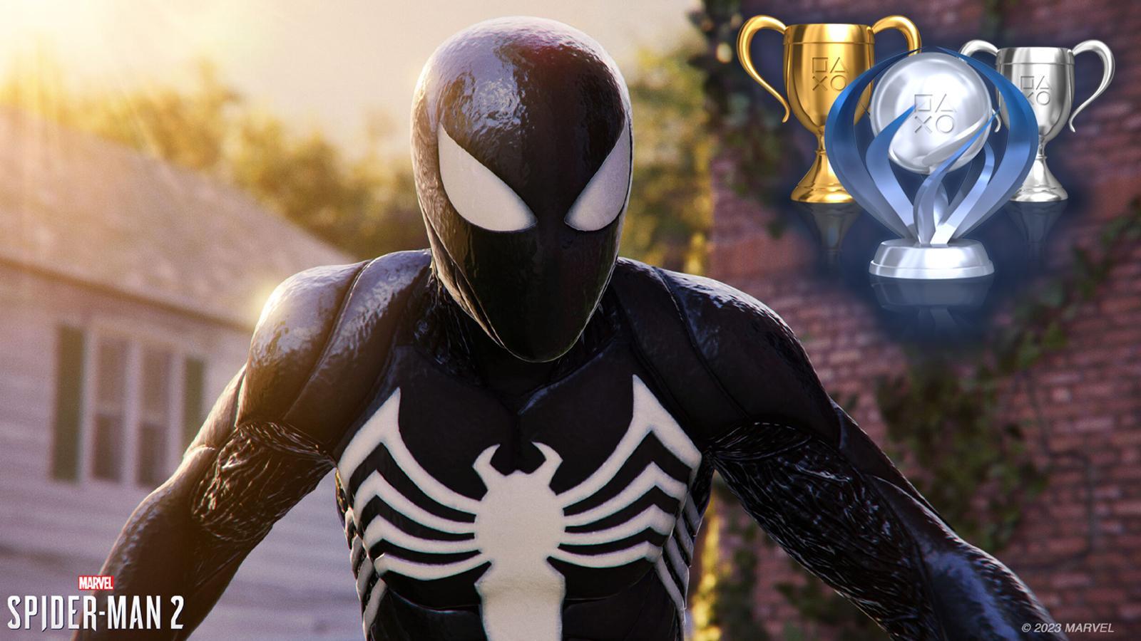 an image of spider-man in symbiote suit and playstation trophies on the top right
